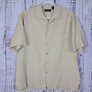 Anthology Mens M 100% Silk Short Sleeve Button Up Shirt Beige Khaki Textured